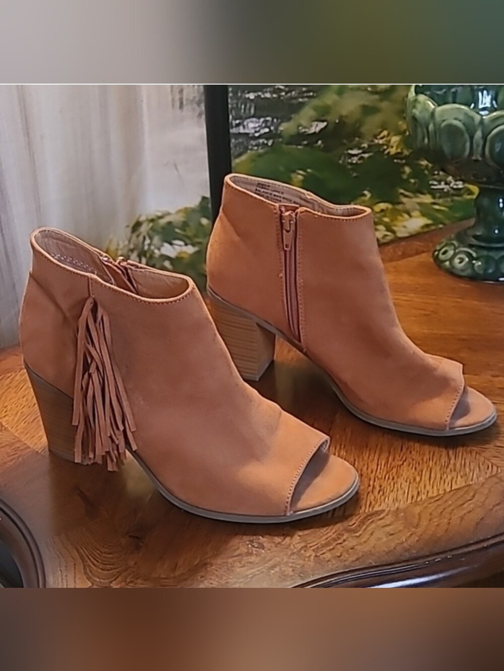 Charming Charlie Womens 9 Tan peep toe sandal block ankle boots fringe tassels